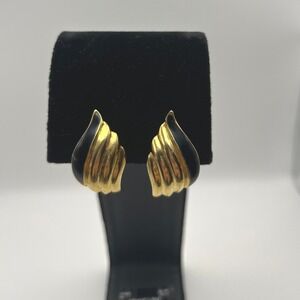 Napier Gold Black Shell‎ Fan Clip On Earrings Elegant Coastal Chic
